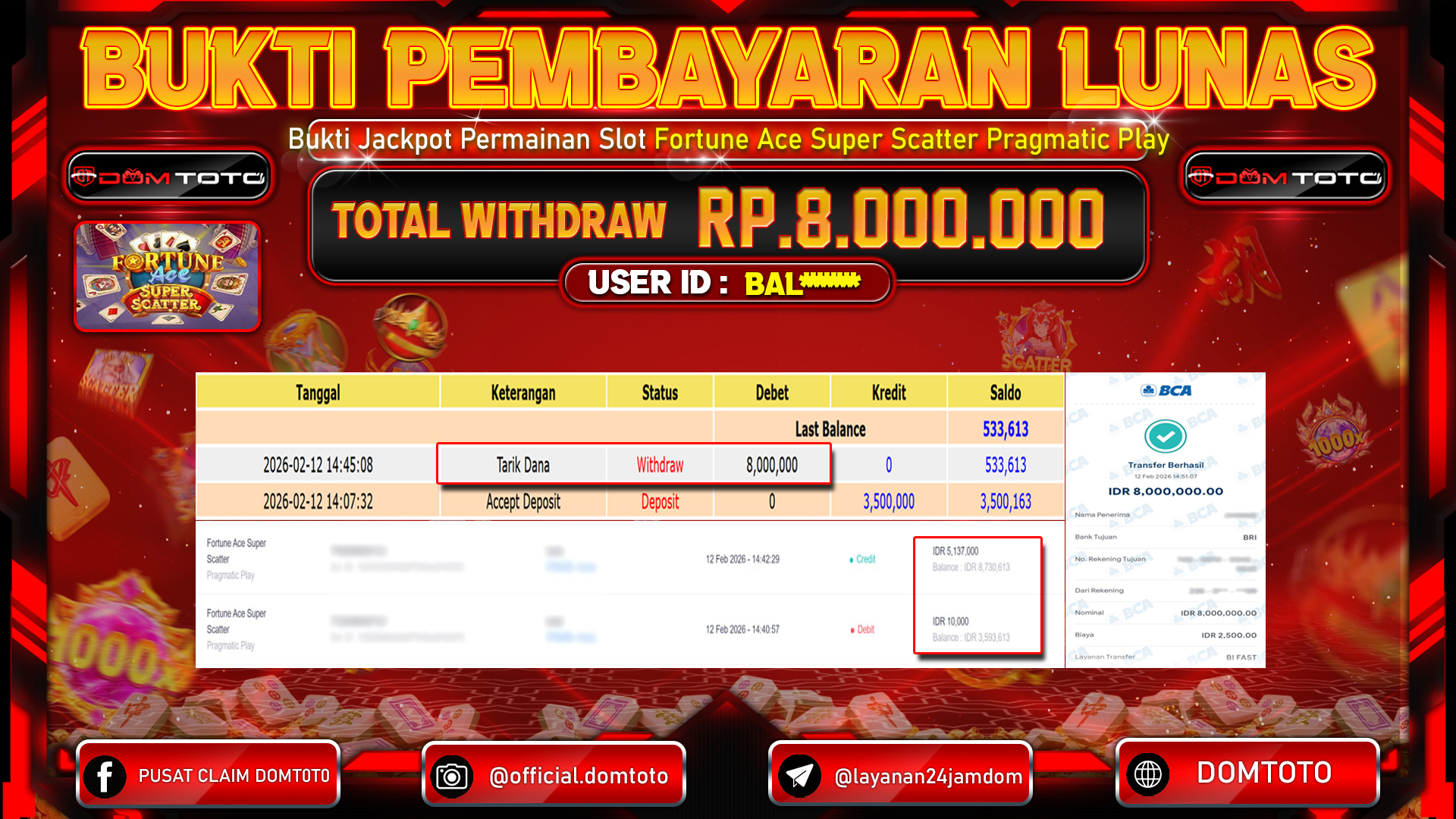 JACKPOT SLOT Menang Slot Fortune Ace Super Scatter Pragmatic Play 12 FEBRUARI 2026